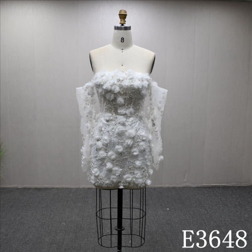 Elegant Long Sleeve Lace Beaded Diamond A-Line short dress Luxury Bridal Gown