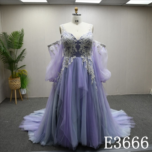 Hot selling unique design purple blue long sleeve evening dress with lace flowers