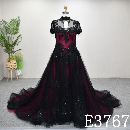 New unique design black and red V-neck lace up back popular A-line wedding dress