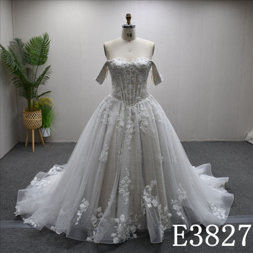 Beautiful unique color luxury A-line wedding evening dress with lace flowers and beading and sequins all over