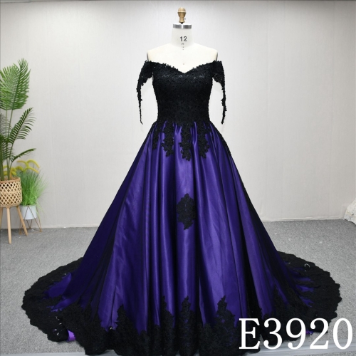 A-line black and purple niche design wedding evening dress with three-dimensional flowers and beads