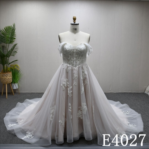 A-line wedding evening dress, sweetheart neckline, off sleeves, lace and sequins