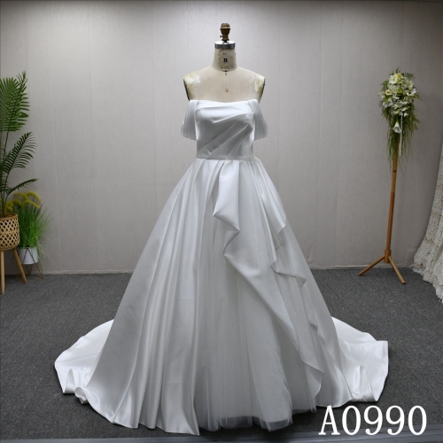 Bestselling A-line dress with unique pleats, sweeping train wedding gown evening dress