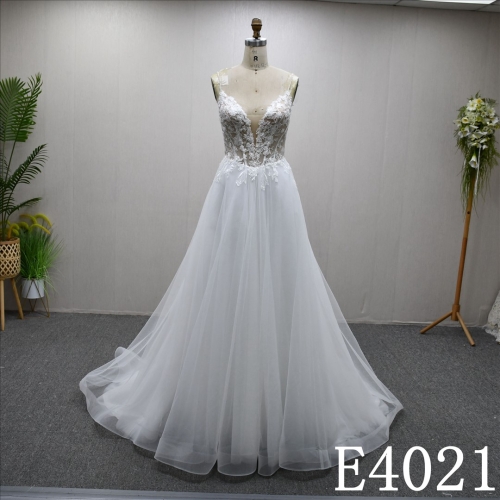 Elegant Spaghetti straps Lace Beaded A-Line Wedding Dress with Back Zipper and Button