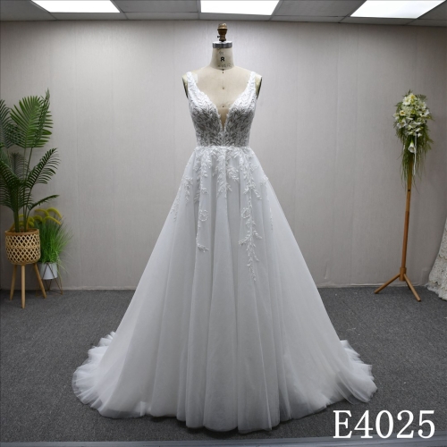 Beautiful unique luxury A-line wedding evening dress with lace flowers and beading