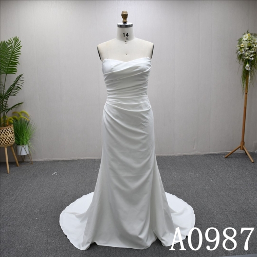 Bestselling A-line dress, simple satin lace up back design, sweep train wedding dress