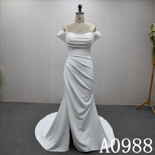 Best selling A-line dress, simple satin design, sweep train wedding evening gown