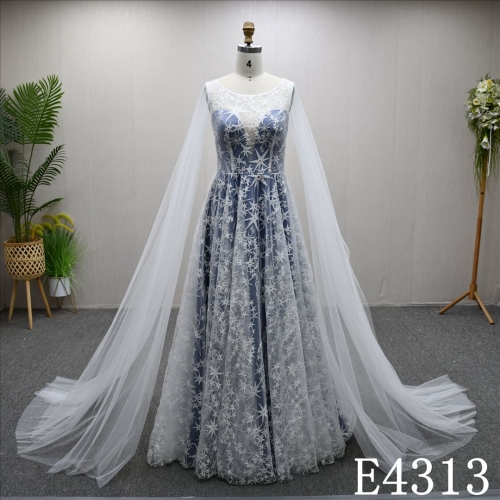 Beautiful unique Ivory and blue A-line wedding evening dress with full-body lace