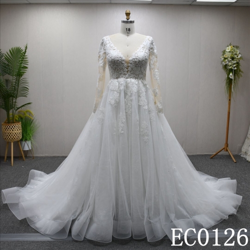 New Lace and Sequins and Beading V-neckline Long sleeves A-line wedding evening gown