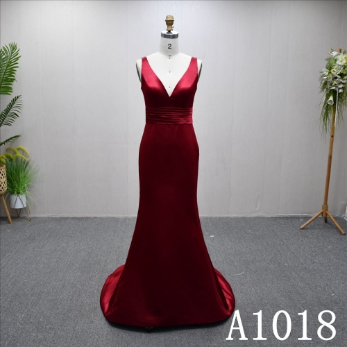 Stain Mermaid Gown V Neckline  Red Color for Cocktail Dress Simple Design