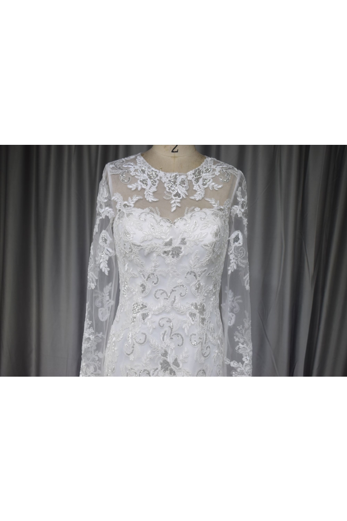 Long sleeves lace mermaid bridal gown with silver beading