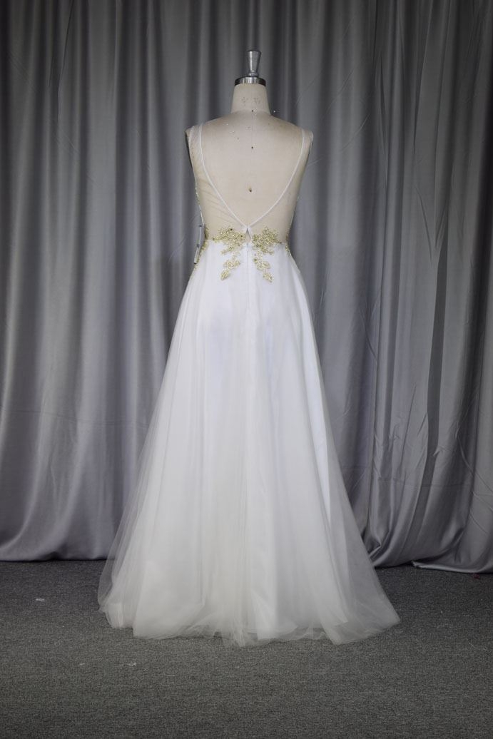 V Neckline gold Lace A line bridesmaid gown