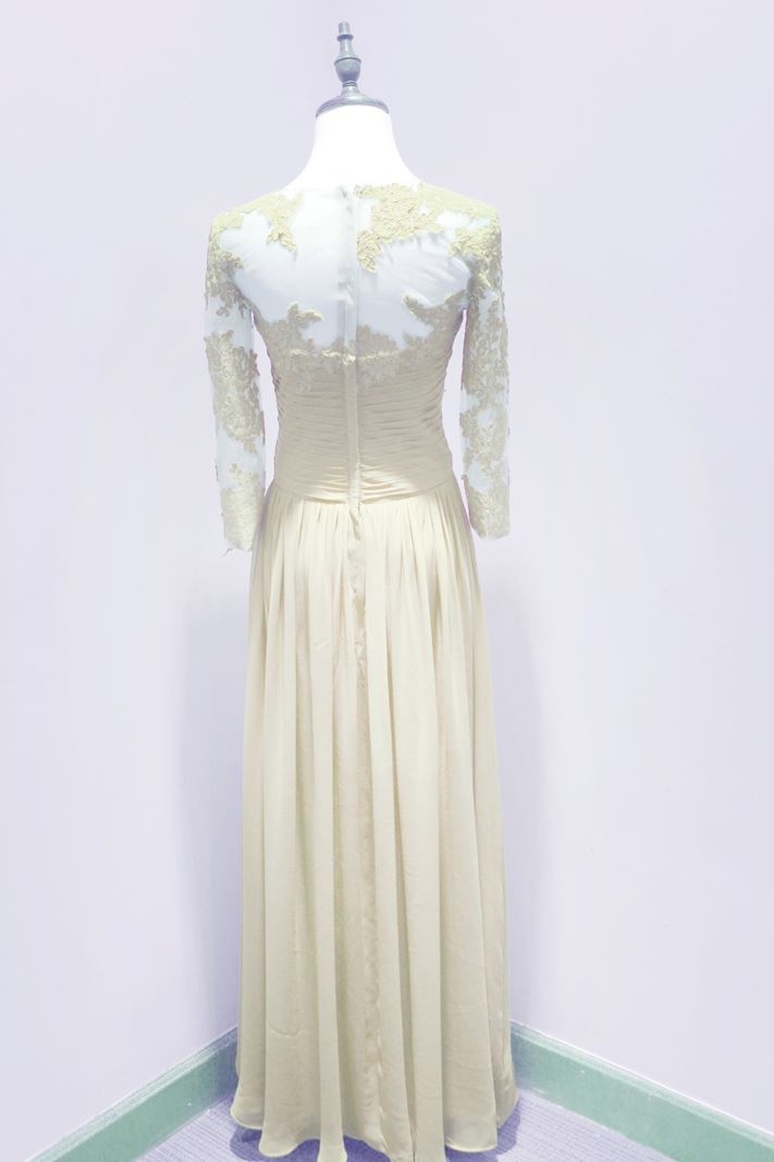 Dark ivory lace details long sleeves evening dress