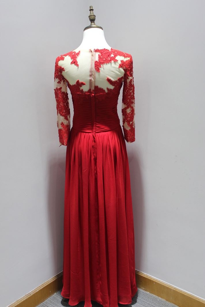 Rose red color lace details long sleeves evening dress