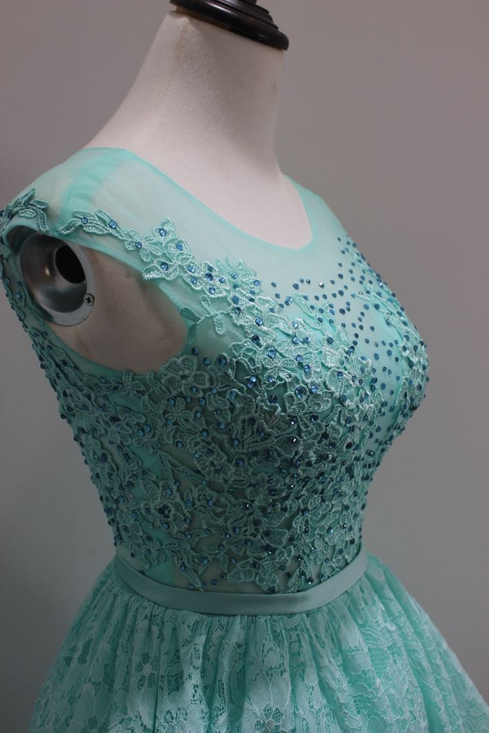 mint color cap sleeves cocktail dress with lace and beading details