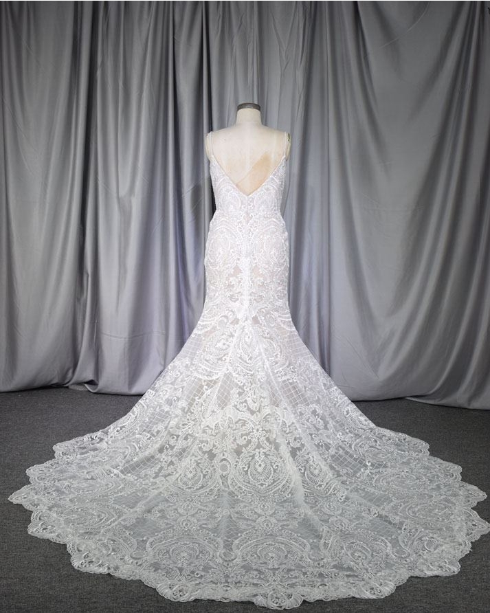 champagne color satin umder the ivory lace mermaid bridal gown