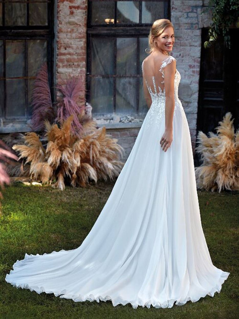 Chiffon illusion back bridal dress custom made